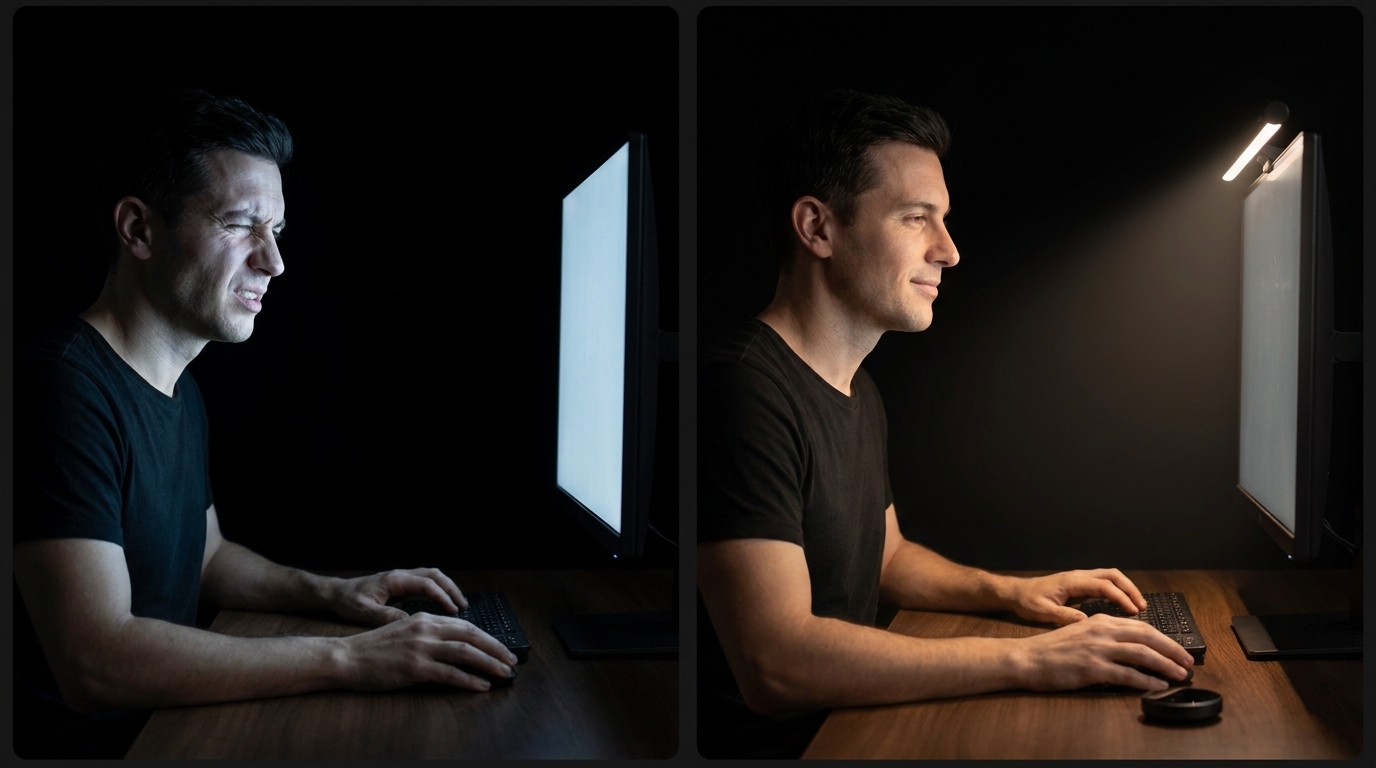 The same person at a screen: strained in a dark room on the left, relaxed with Deskline on the right.